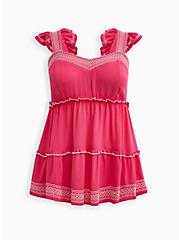 Ruffle Tiered Babydoll Top - Crinkle Gauze Pink & White, PINK GLO, hi-res