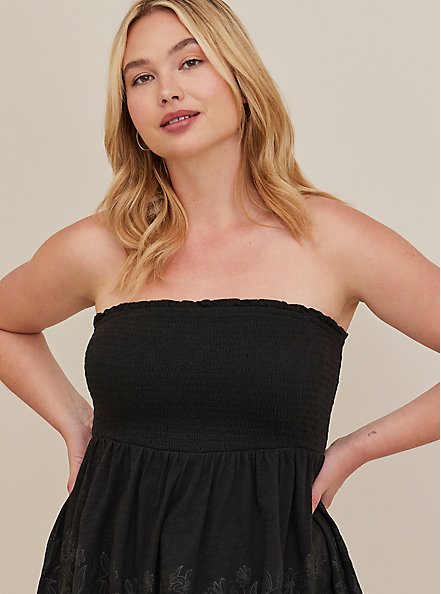 Cotton Strapless Smocked Bodice Babydoll Embroidered Detail Top, BLACK, alternate