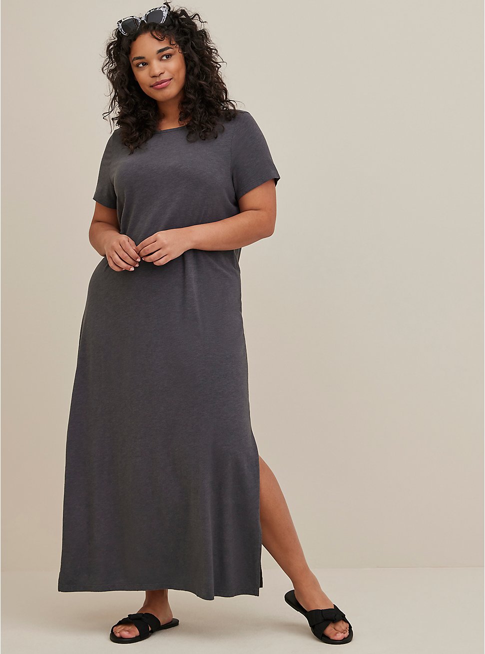 Plus Size T-Shirt Maxi Cover Up - Cotton Washed Grey , DEEP BLACK, hi-res