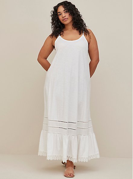 Crochet Trim Maxi Dress Cover Up - Slub Cotton Washed White, WHITE, alternate