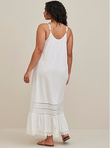 Crochet Trim Maxi Dress Cover Up - Slub Cotton Washed White, WHITE, alternate