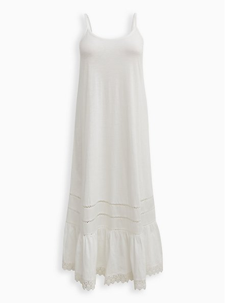 Plus Size Crochet Trim Maxi Dress Cover Up - Slub Cotton Washed White, WHITE, hi-res
