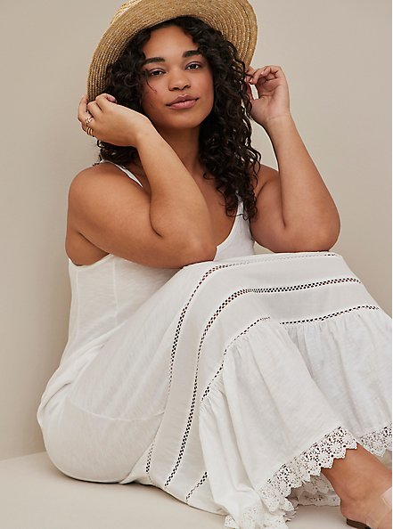 Plus Size Crochet Trim Maxi Dress Cover Up - Slub Cotton Washed White, WHITE, hi-res