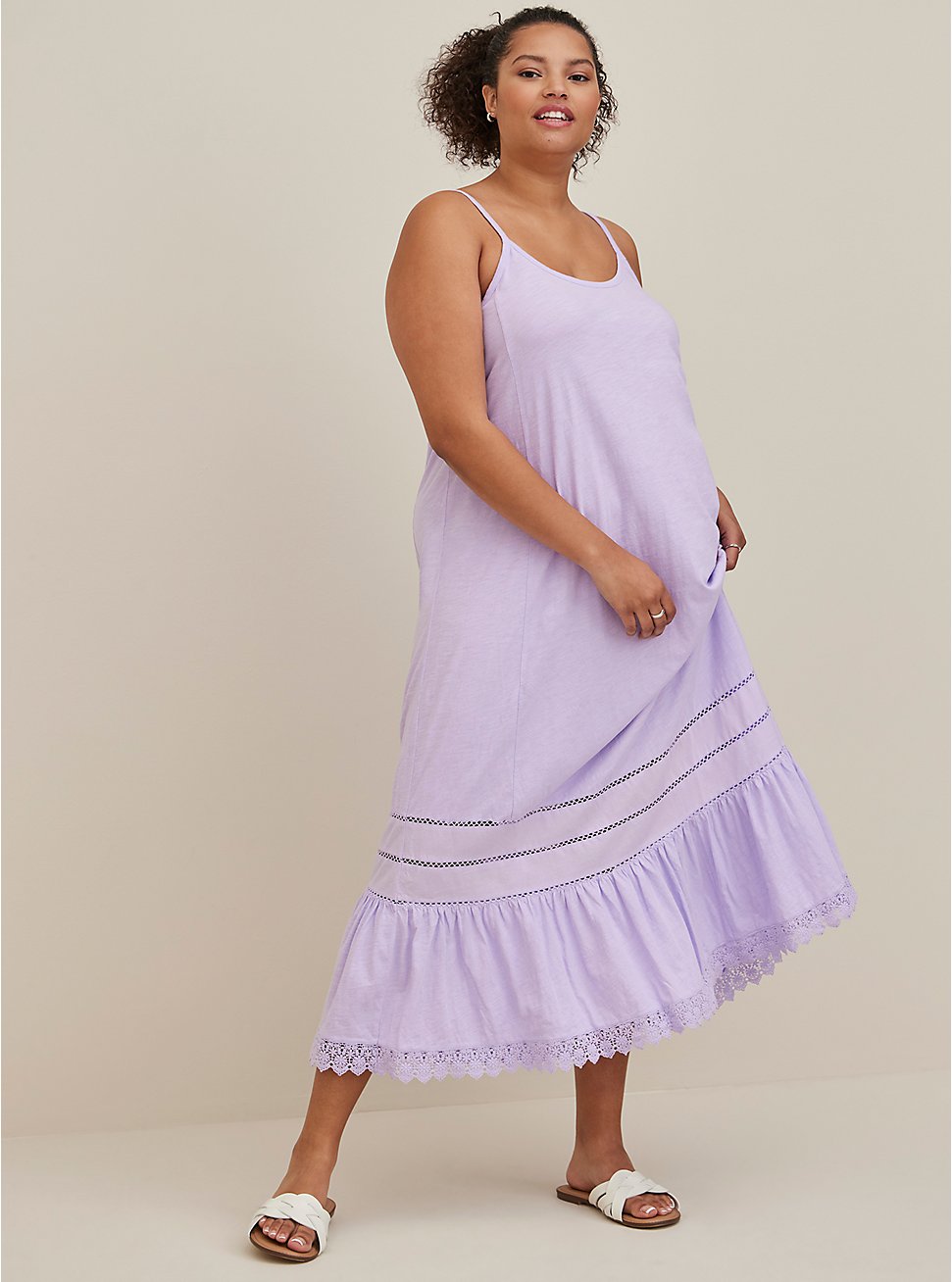 Plus Size Crochet Trim Maxi Dress Cover Up - Slub Cotton Washed Lilac, LILAC, hi-res