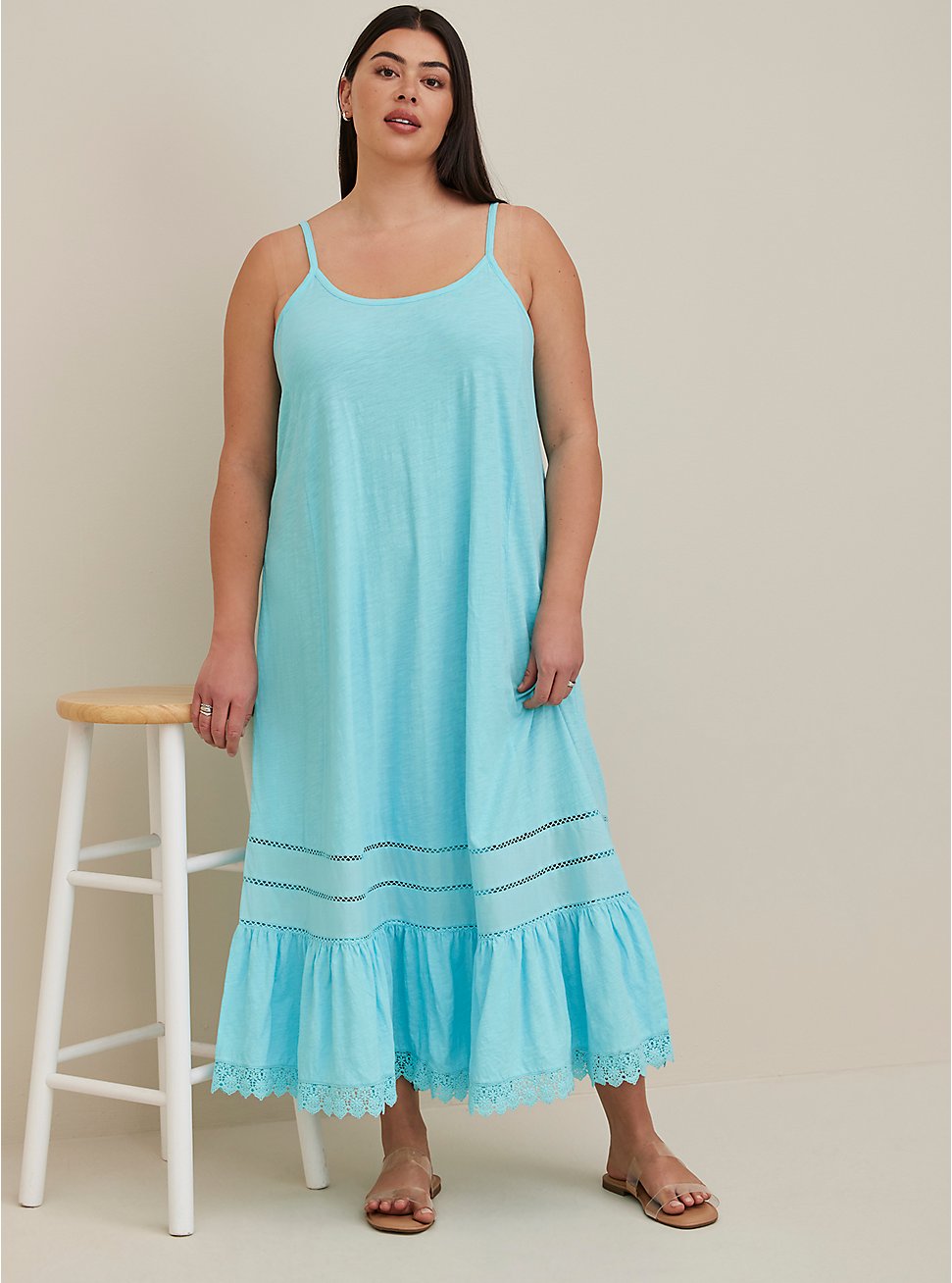 Plus Size Crochet Trim Maxi Dress Cover Up - Slub Cotton Washed Turquoise, TEAL, hi-res