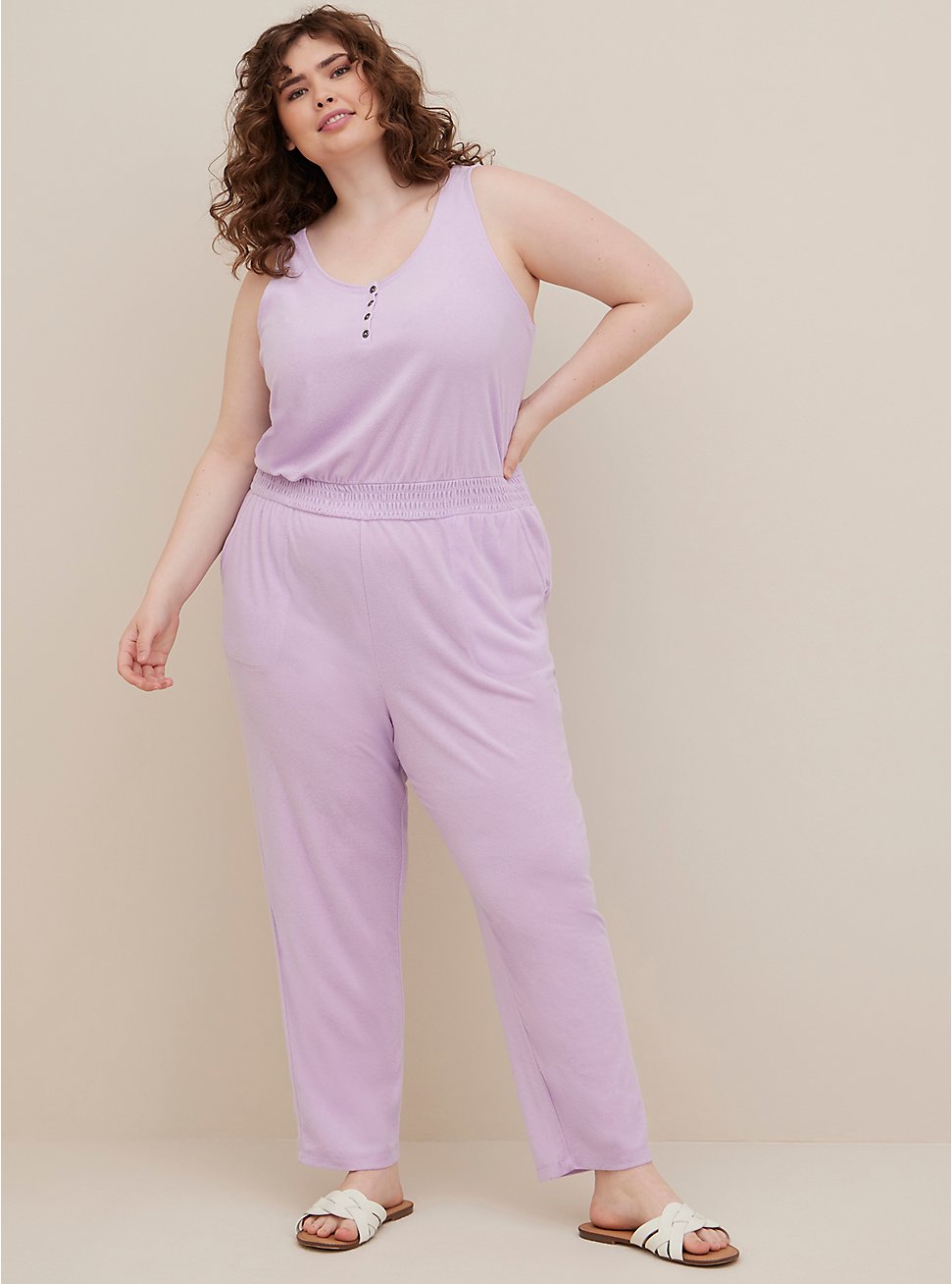 Plus Size Henley Jumpsuit Cover Up - Terry Lilac, , hi-res