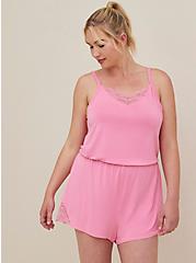 Plus Size Racerback Lace Trim Sleep Romper - Super Soft Pink , PINK CARNATION, hi-res