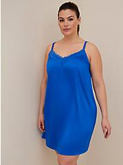 Plus Size Lace Trim Cami Sleep Dress - Dream Satin Cobalt Blue, ELECTRIC BLUE, hi-res