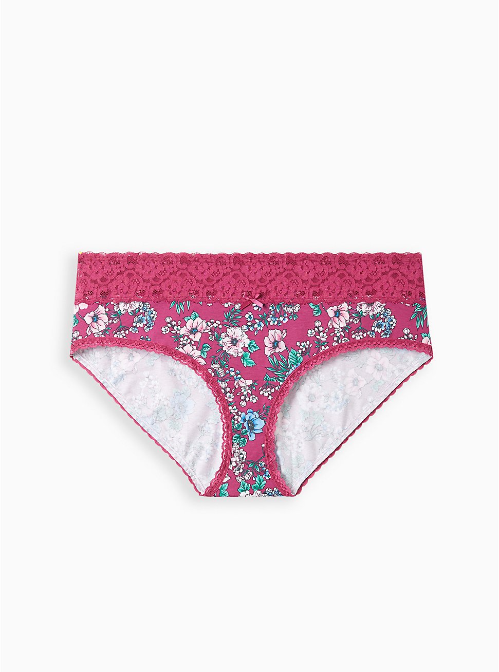 Plus Size Wide Lace Trim Hipster Panty - Cotton Floral Pink, STAND OUT FLORAL PURPLE, hi-res