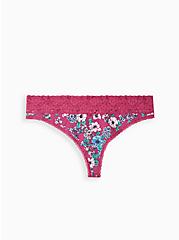 Plus Size Wide Lace Thong Panty - Cotton Floral Purple, STAND OUT FLORAL PURPLE, hi-res