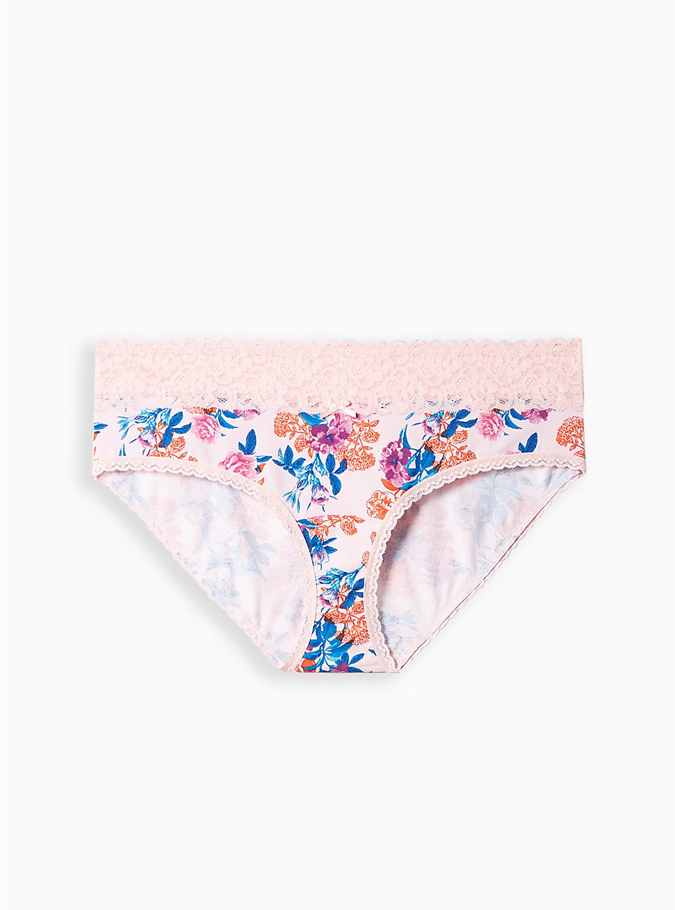 Plus Size Wide Lace Trim Hipster Panty - Cotton Floral Pink, PRETTY GARDEN PINK, hi-res