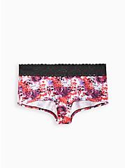 Plus Size Wide Lace Trim Boyshort Panty - Cotton Watercolor Floral Pink, WATER COLOR SKULL, hi-res