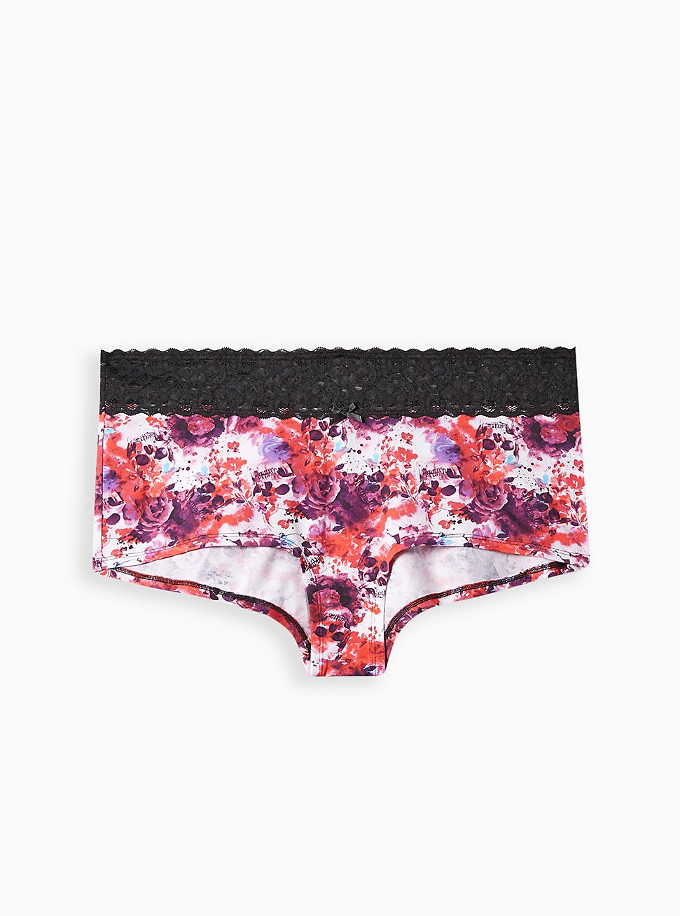 Plus Size Wide Lace Trim Boyshort Panty - Cotton Watercolor Floral Pink, WATER COLOR SKULL, hi-res