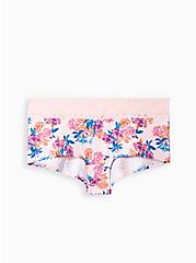 Plus Size Wide Lace Boyshort Panty - Cotton Gouache Flowers Pink, PRETTY GARDEN PINK, hi-res