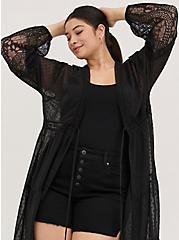 Plus Size Kimono - Crinkle Gauze & Lace Black, DEEP BLACK, hi-res