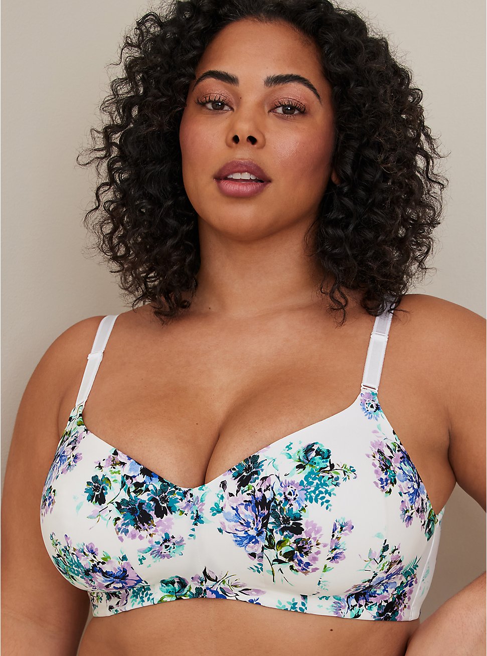 Plus Size Lightly Lined Everyday Wire-Free Bra - Microfiber Floral White with 360° Back Smoothing™, FLORAL DISPERSE, hi-res