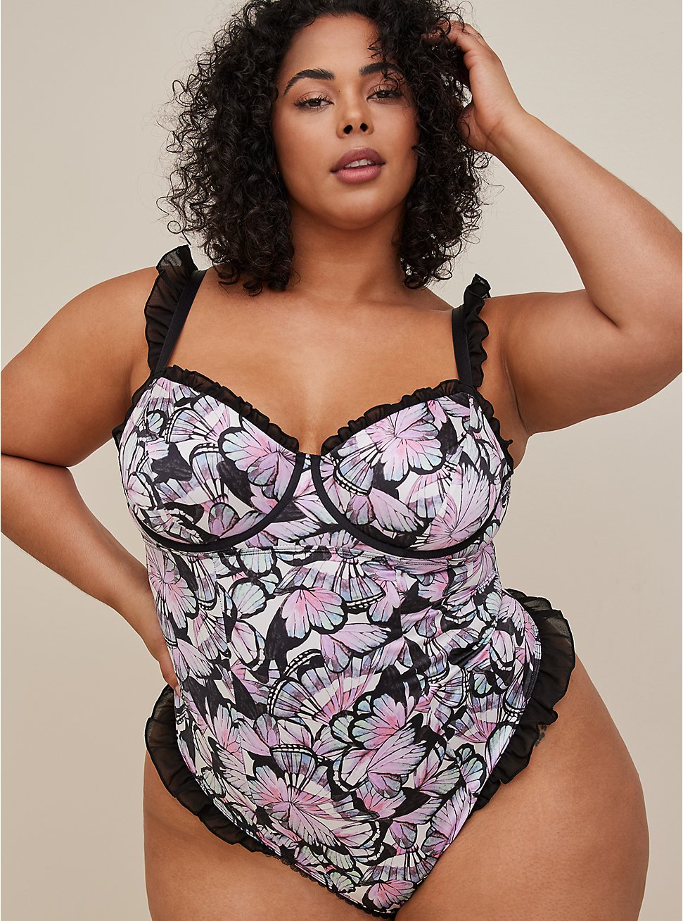 Plus Size Ruffle Underwire Thong Bodysuit - Butterfly, BUTTERFLY WINDOWS: BLACK, hi-res