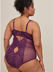 Plus Size Strappy Underwire Bodysuit - Lace Stripe Purple, DEEP PURPLE: PURPLE, alternate