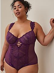 Plus Size Strappy Underwire Bodysuit - Lace Stripe Purple, DEEP PURPLE: PURPLE, hi-res