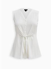 Plus Size Button-Up Tie Front Peplum Blouse - Georgette White, CLOUD DANCER, hi-res