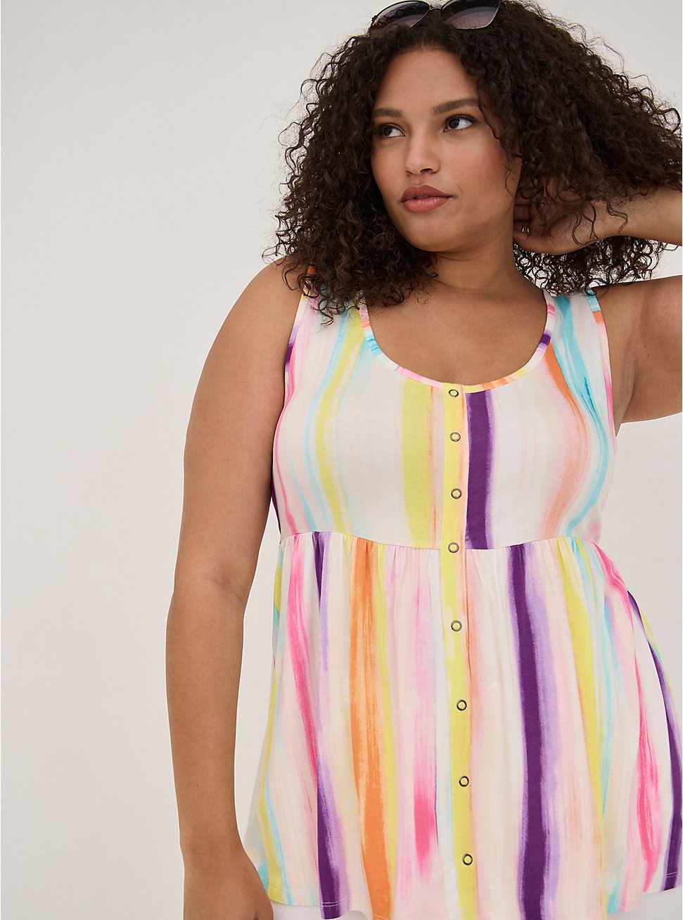Button Front Babydoll Tank - Super Soft Striped White, OTHER PRINTS, hi-res