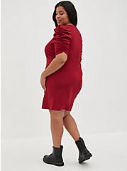 Puff Sleeve Mini Dress - Textured Knit Red, BURGUNDY, alternate