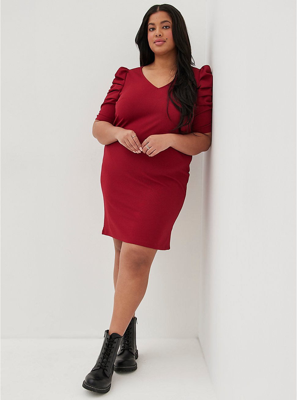 Puff Sleeve Mini Dress - Textured Knit Red, BURGUNDY, hi-res