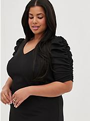 Plus Size Puff Sleeve Mini Dress - Textured Knit Black, BLACK, alternate