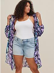 Plus Size Hooded Anorak Kimono - Chiffon Palms Purple, , alternate