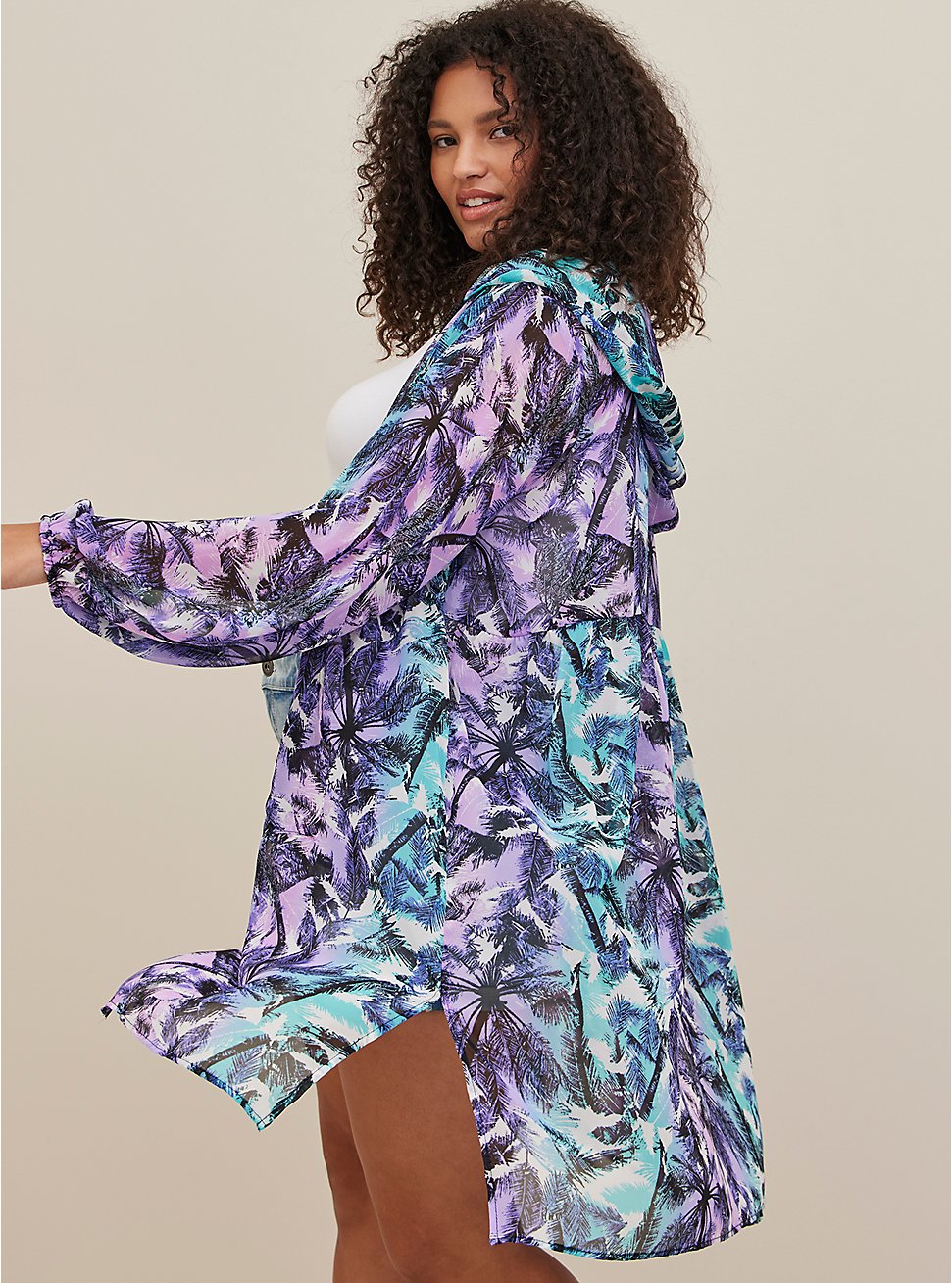 Plus Size Hooded Anorak Kimono - Chiffon Palms Purple, , hi-res
