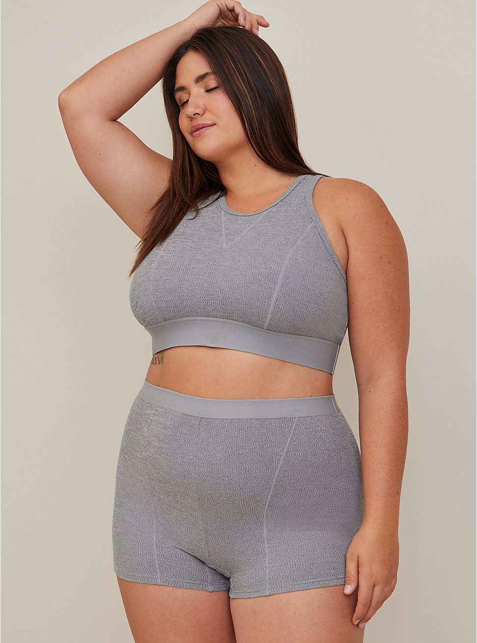 Plus Size High Waist Shortie – Ribbed Micro Heather Grey, HEATHER GREY, hi-res