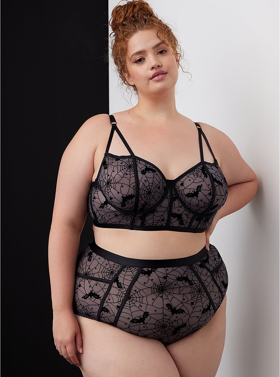 Plus Size High Rise Cheeky Panty - Mesh Spiderwebs & Bats Charcoal, WEBS AND BATS CHARCOAL, hi-res