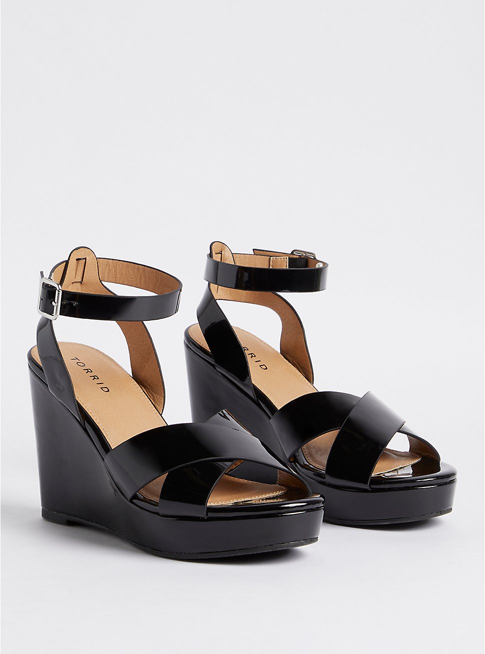 Plus Size Strappy Platform Wedge Sandal - Patent Black (WW) , BLACK, hi-res