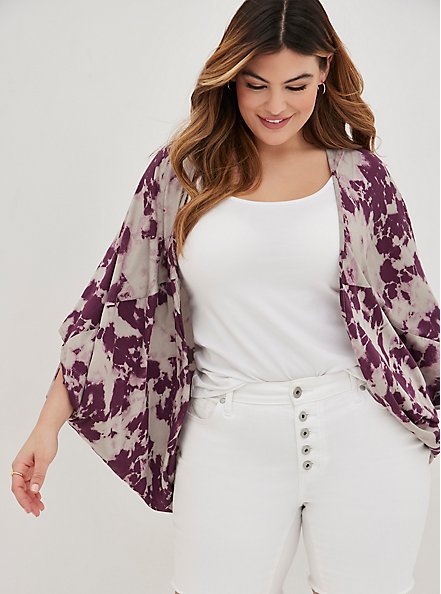 Plus Size Cocoon Kimono - Soft-Stretch Challis Tie-Dye Purple, TIE DYE - GREY, hi-res