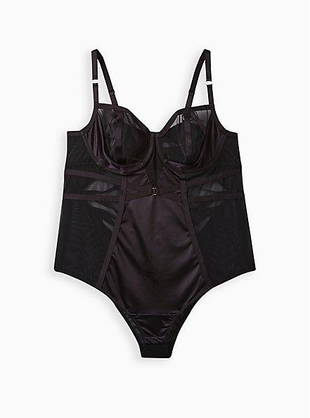 Plus Size Strappy Underwire Bodysuit - Satin Mesh Black, RICH BLACK, hi-res