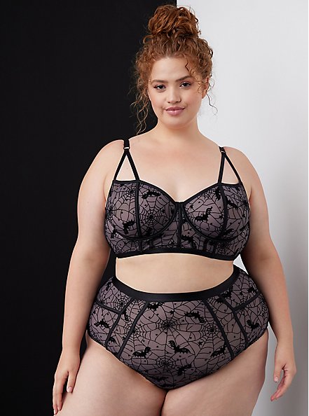 Plus Size Strappy Longline Underwire Bra - Simply Mesh Spiderwebs & Bats Charcoal, WEBS AND BATS CHARCOAL, alternate