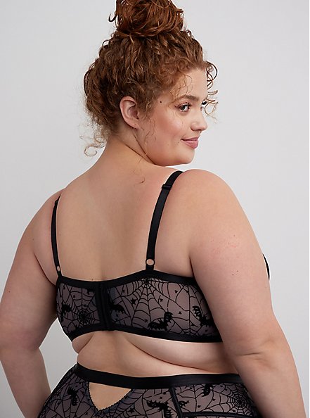 Plus Size Strappy Longline Underwire Bra - Simply Mesh Spiderwebs & Bats Charcoal, WEBS AND BATS CHARCOAL, alternate