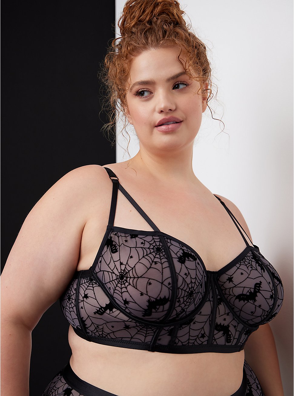 Plus Size Strappy Longline Underwire Bra - Simply Mesh Spiderwebs & Bats Charcoal, WEBS AND BATS CHARCOAL, hi-res