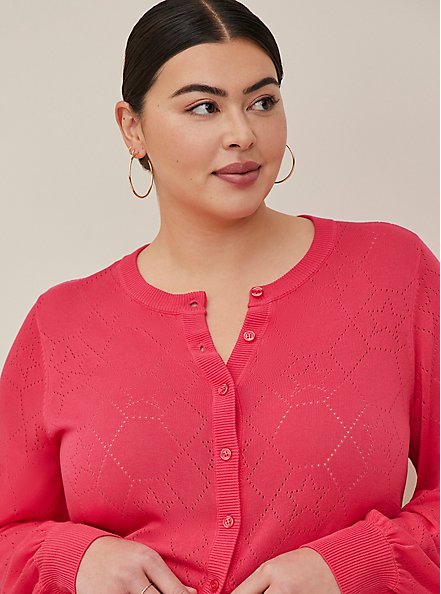 Plus Size Button Front Cardigan - Pointelle Pink , PINK, alternate