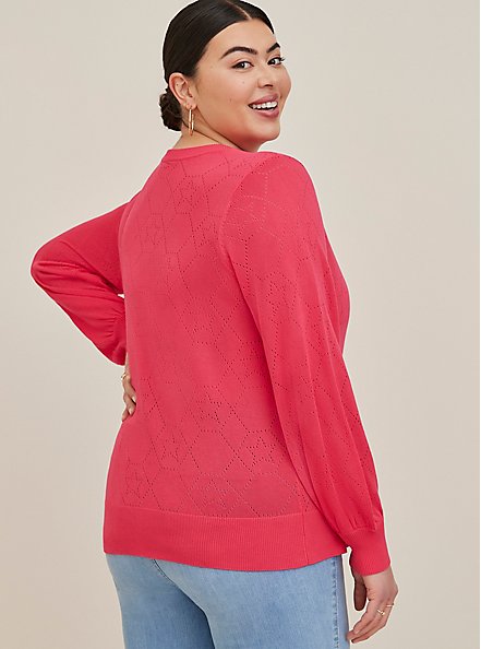 Plus Size Button Front Cardigan - Pointelle Pink , PINK, alternate