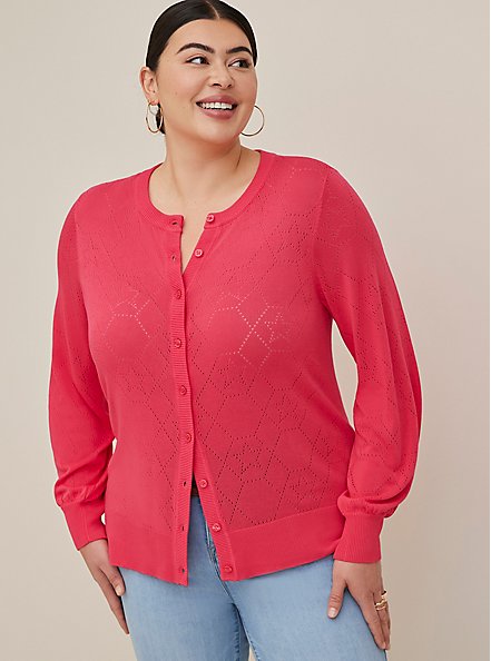 Plus Size Button Front Cardigan - Pointelle Pink , PINK, hi-res