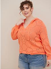 Pointelle Pullover Hooded Drop Shoulder Sweater, CORAL, hi-res