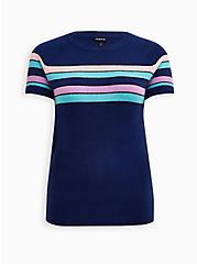 Plus Size Raglan Pullover Sweater - Navy Stripes, BLUE, hi-res