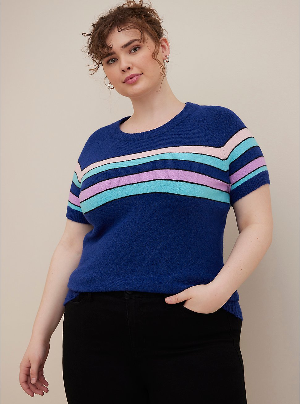 Plus Size Raglan Pullover Sweater - Navy Stripes, BLUE, hi-res
