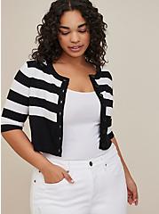 Plus Size Button Front Shrug Sweater - Stripe Black & White, BLACK-WHITE STRIPE, hi-res