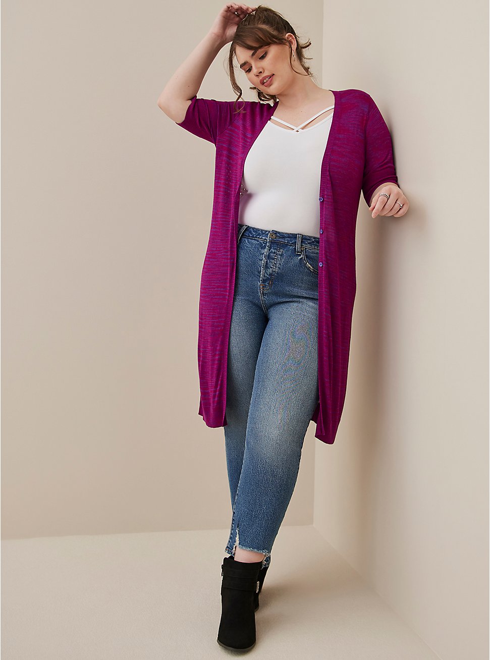 Plus Size Fitted Duster Cardigan - Neon Space Dye Pink , PINK, hi-res