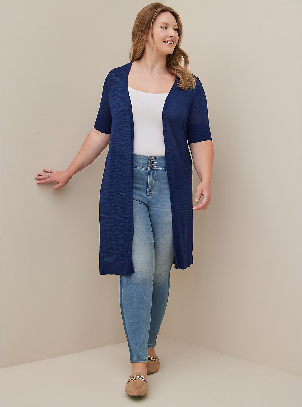 Plus Size Fitted Duster Cardigan - Neon Space Dye Blue , BLUE, hi-res