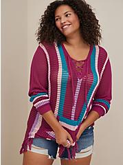 Plus Size Open Stitch Baja Pullover Sweater - Cotton Stripes Purple, PURPLE, alternate