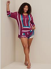 Plus Size Open Stitch Baja Pullover Sweater - Cotton Stripes Purple, PURPLE, hi-res