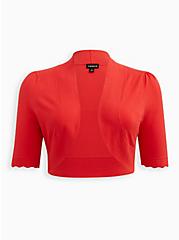 Plus Size Shrug 3/4 Sleeve Scallop Fitted Sweater, RED, hi-res